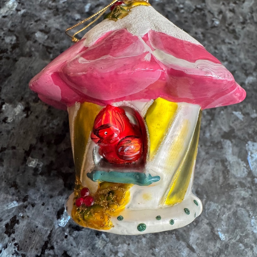 Very Rare Pretty MacKenzie Child  Glass Ornament HOLLYHOCK BIRDHOUSE With/Box